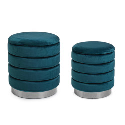 POUF CONTENEDOR SET 2 TAPIZADO EFECTO TERCIOPELO AZUL BASE COLOR PLATA