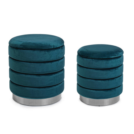 POUF CONTENEDOR SET 2 TAPIZADO EFECTO TERCIOPELO AZUL BASE COLOR PLATA