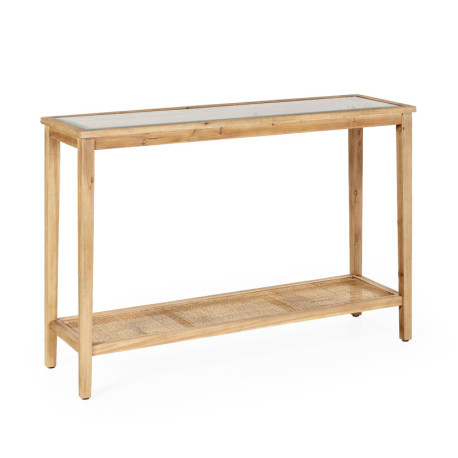 CONSOLA 120x36x80 MADERA NATURAL/CRISTAL/RATAN