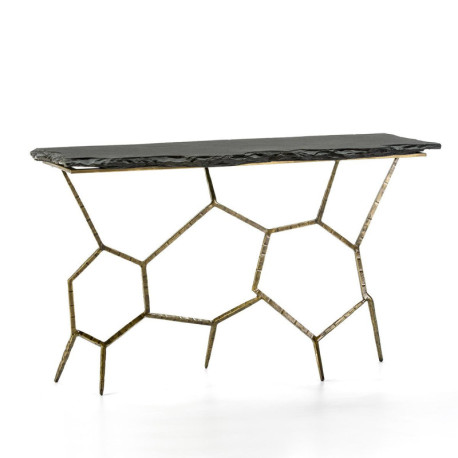 CONSOLA 130x41x77 PIEDRA NEGRO/HIERRO FORJADO DORADO