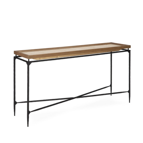 CONSOLA 150x40x85 MADERA NATURAL/CUERO/METAL NEGRO