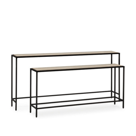 CONSOLA SET/2 148x24x70/122x24x56 METAL NEGRO/MARMOL TRAVENTINO