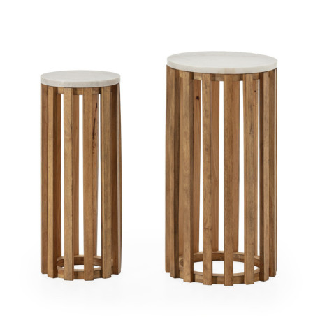 MESA AUXILIAR SET/2 32x32x63,3/23x23x58 MADERA NATURAL/MARMOL BLANCO