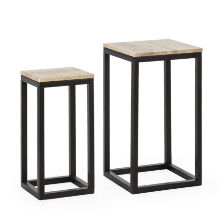 MESA AUXILIAR SET/2 40x40x71/30x30x60 MADERA NEGRO/MARMOL TRAVENTINO