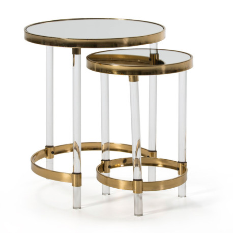 MESA AUXILIAR SET/2 48x48x59 / 35x35x52 ACRILICO TRANSPARENTE/ESPEJO/METAL DORADO