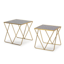 MESA AUXILIAR SET/2 60x32x60 / 54x29x56 CRISTAL DECORADO/METAL DORADO