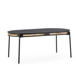 MESA COMEDOR 180x90x75 DM NEGRO/RATAN NATURAL/METAL NEGRO