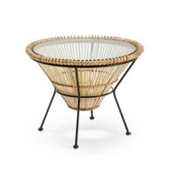 MESA DE CENTRO 68x68x50 MIMBRE NATURAL/METAL NEGRO/CRISTAL