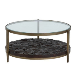 MESA DE CENTRO 83x83x41 METAL DORADO ANTIQUE/MADERA MARRON/CIRSTAL