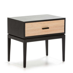 MESITA DE NOCHE 60x40x55 MADERA NEGRO/NATURAL CON PATINA GRIS/METAL NEGRO