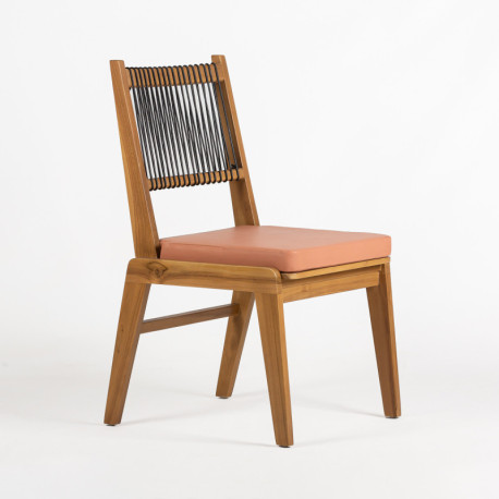 SILLA 52x59x95 MADERA TECA NATURAL/CUERO NEGRO/TELA MELOCOTON