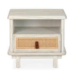 MESITA DE NOCHE 47x47x62 MADERA BLANCO LAVADO/METAL DORADO/RATAN NATURAL