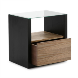 MESITA DE NOCHE 60x45x60 CRISTAL/MADERA NEGRO/NATURAL VELADO