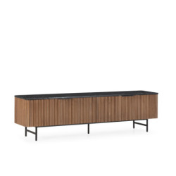MUEBLE TV 184x40x50 MADERA OLMO NOGAL/METAL NEGRO MATE/MARMOL RECONSTRUIDO NEGRO MARQUINA