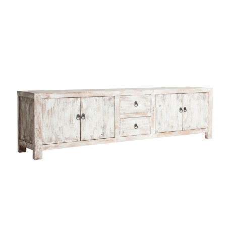 VICAL HOME / MUEBLE TV 4 PUERTAS 2 CAJONES BLANCO ROTO DECAPADO MADERA DE PINO