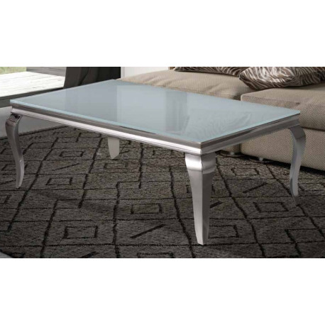 MESA DE CENTRO RECTANGULAR ESTRUCTURA ACERO CROMADO TOPE CRISTAL BLANCO